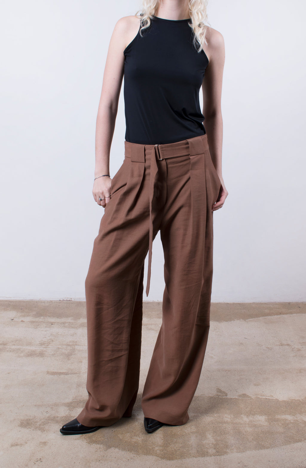 Loop & Pleat Wide-Leg Trousers