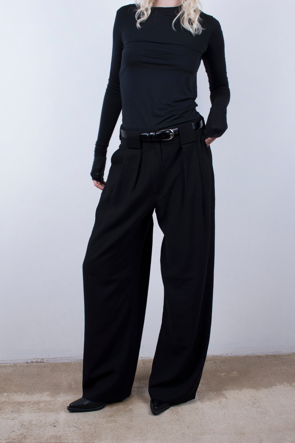 Loop & Pleat Wide-Leg Trousers