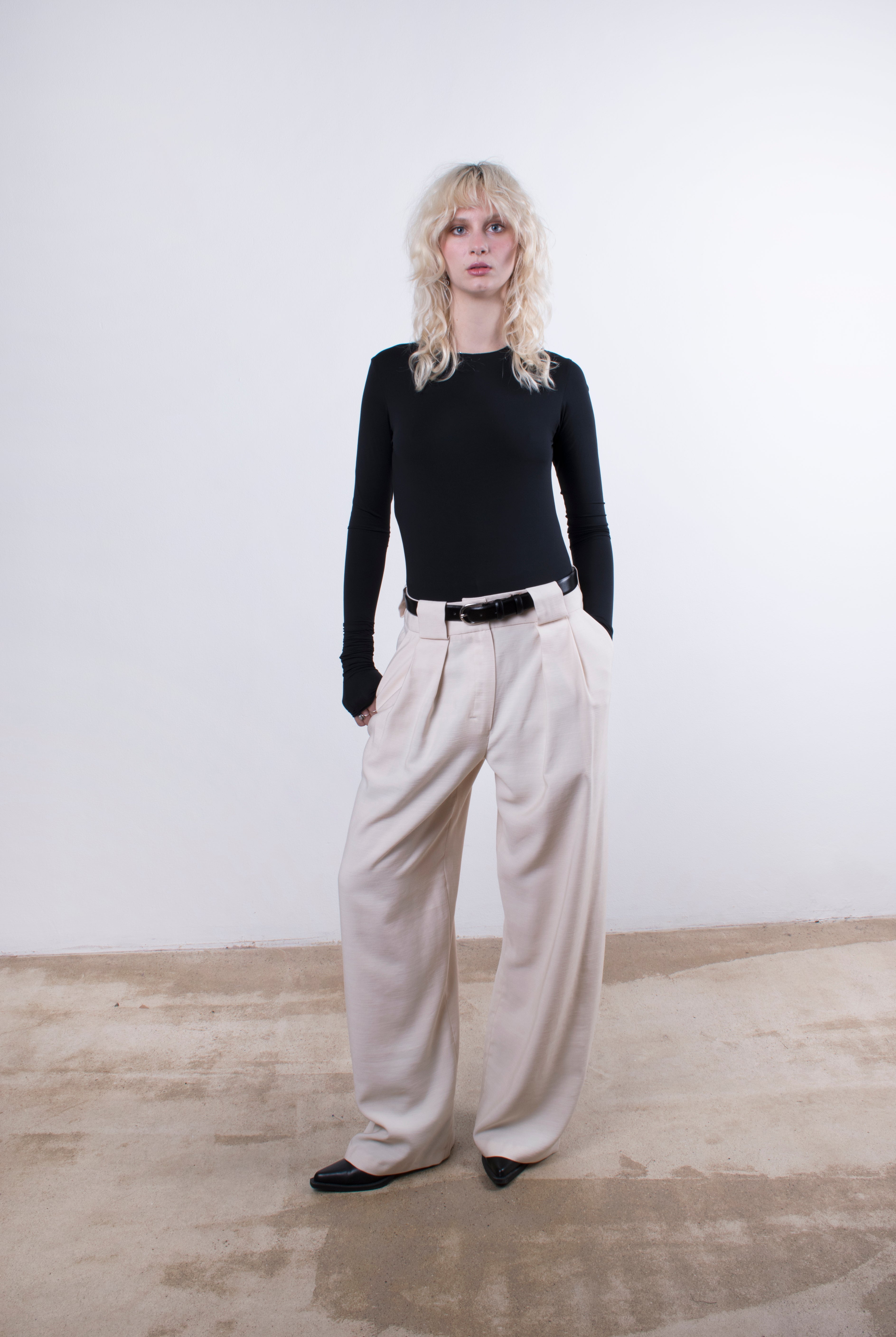 Loop & Pleat Wide-Leg Trousers